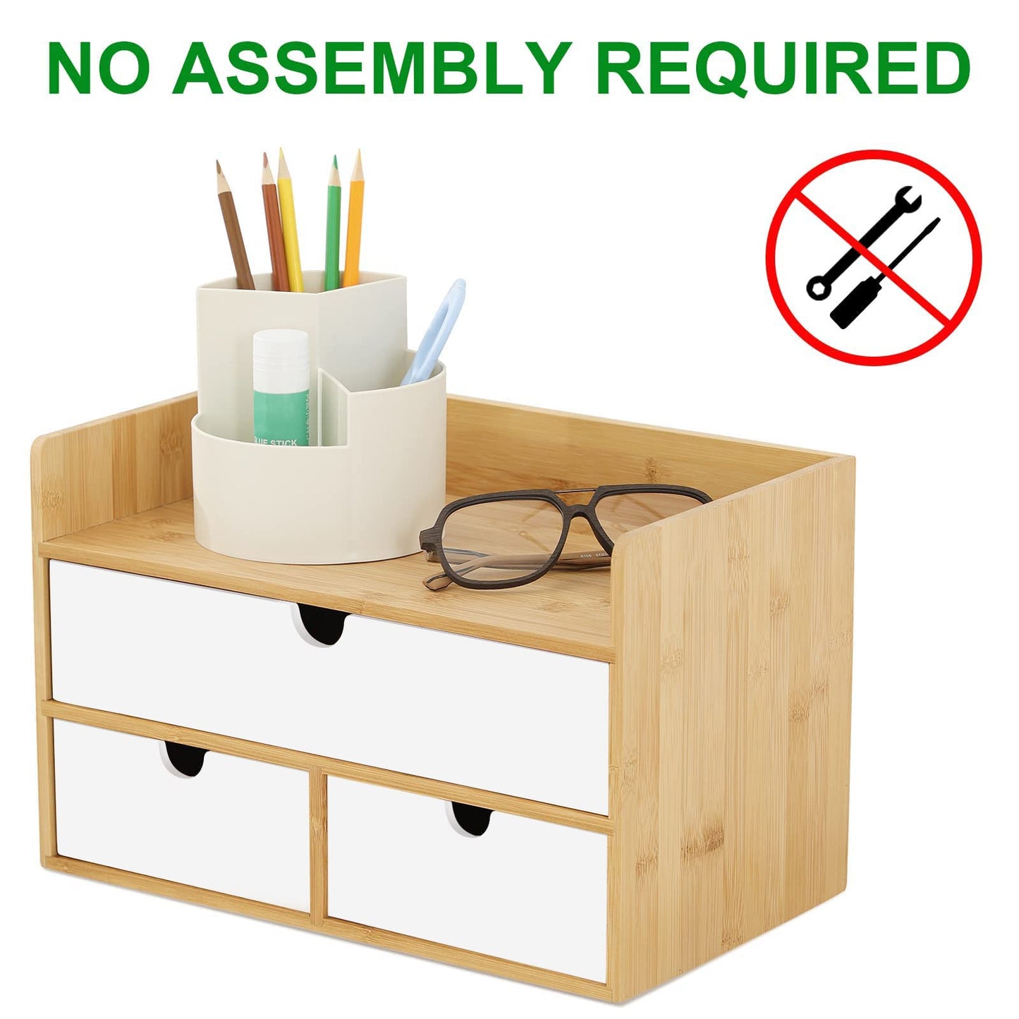Desk Organizer with Drawers - Bamboo Desktop Organizer Storage | Natural-White Wood Desk Drawers Organizer for Bills, Office Supplies, Cosmetics, Seals No Assembly Required