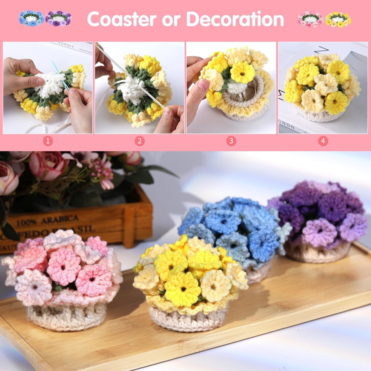 Iuuidu Crochet Kit for Beginners-4PCS Coaster Pot Crochet Kits Coaster Crochet Flower Kit with Crochet Yarns, Hooks, Easy Videos Tutorials to Crochet for Office, Coffee Table, Home Decor
