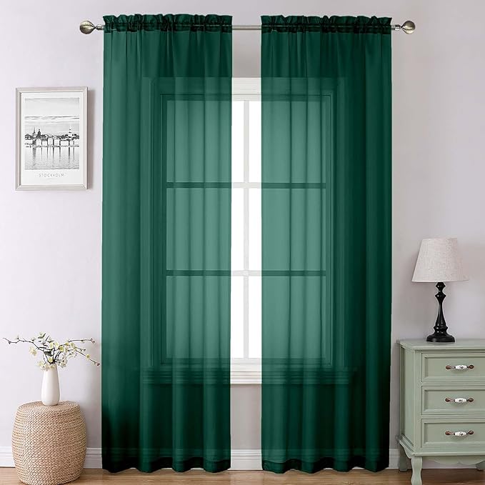Lecloud Hunter Green Sheer Curtains 90 Inches Long 2 Panels, Airy Voile Solid Curtains, Gauzy Stylish Aesthetic Windows Decor Drapes with Rod Pocket for Bedroom Living Room, Each 42" W x 90" L