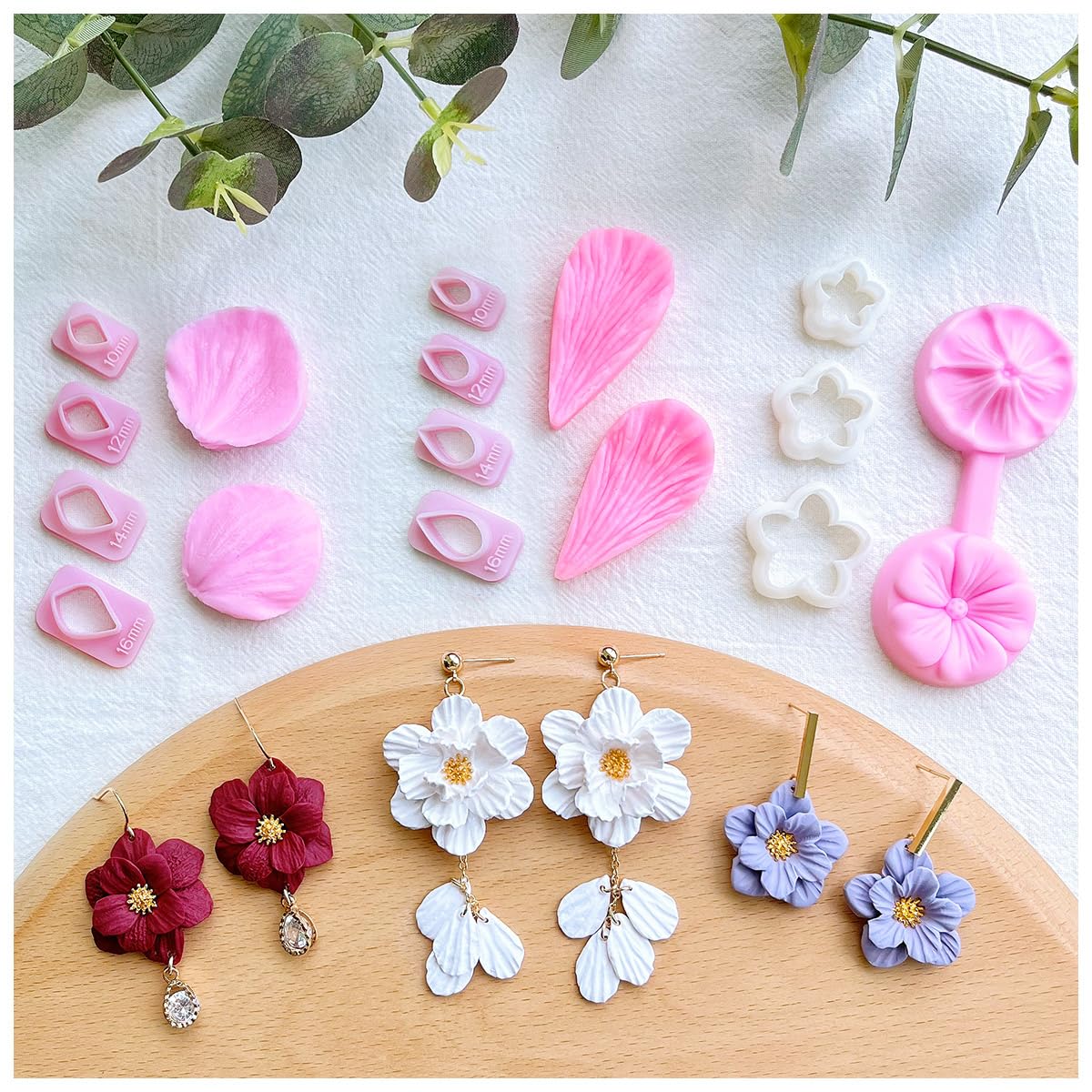 Keoker Flower Petal Clay Cutters - Polymer Clay Cutters for Earrings Making, 4 Shapes with Polymer Clay Petal Press Mold, Clay Cutters for Polymer Clay Jewelry (D)