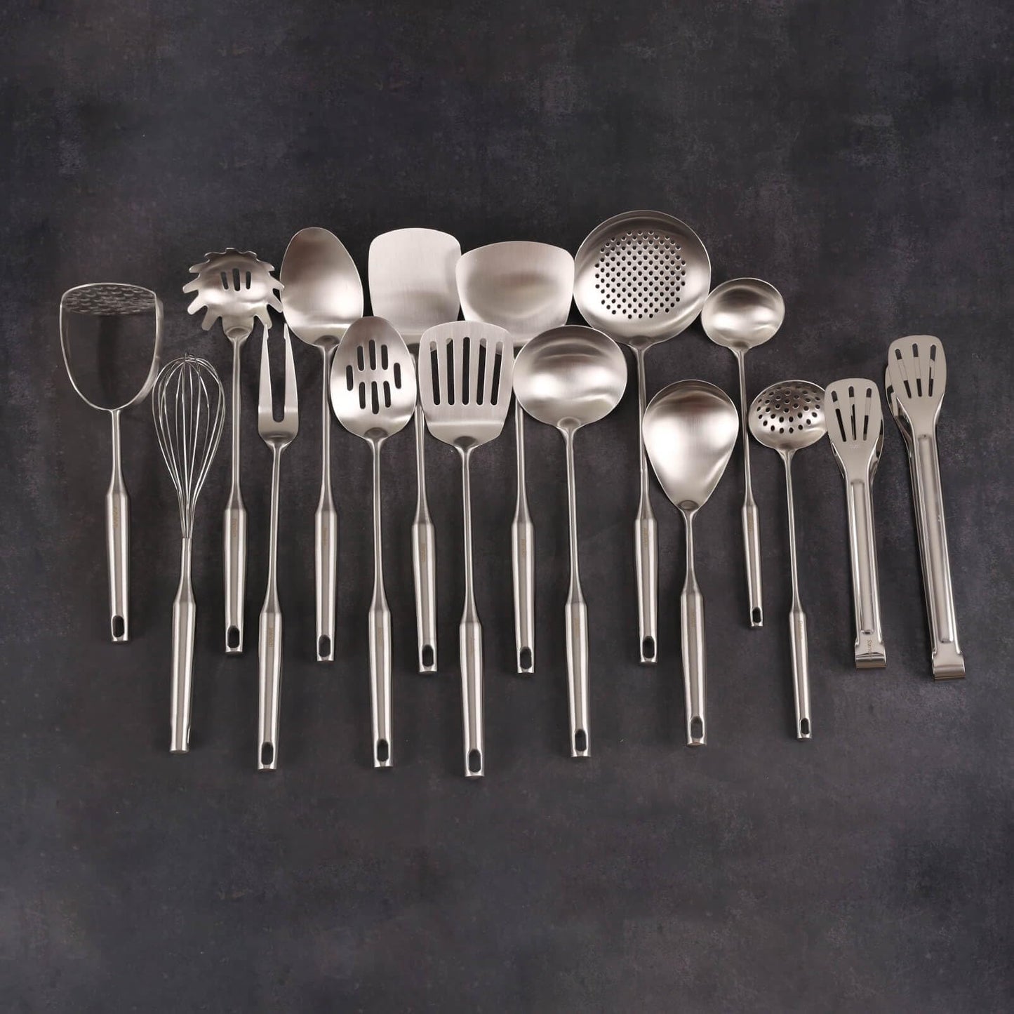 18/10 Stainless Steel Cooking Utensils Set - 16 PCS All Metal Small & Large Kitchen Spoons, Serving Utensils - Whisk, Masher, Fork, Tongs, Solid/Slotted Spoon, Spatula, Turner, Ladle, Skimmer, Pasta