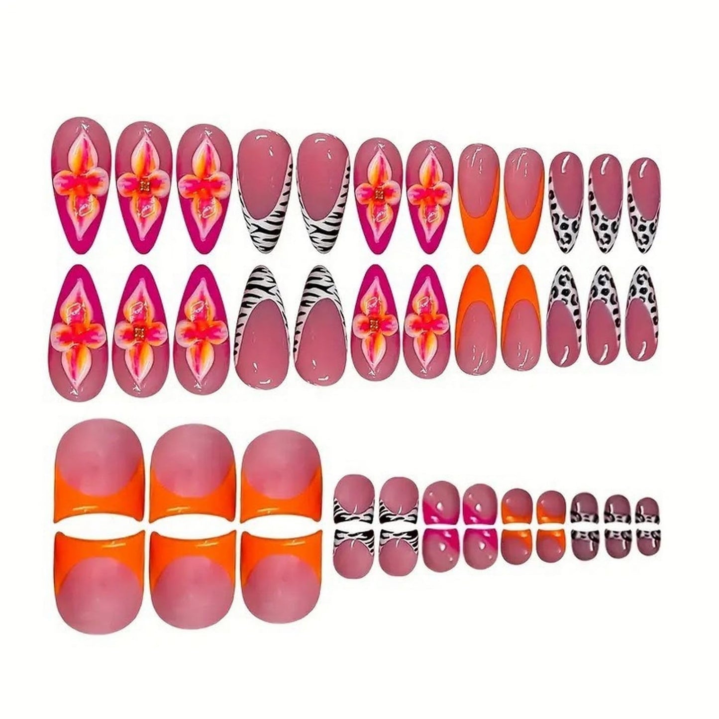 48 Pcs Flower Press on Nails Almond Medium & Press on Toenails Set Orange French Tip Fake Nails with 3D Floral Design Square Short False Toe Nails Kit Glossy Full Cover Acrylic Nails for Women