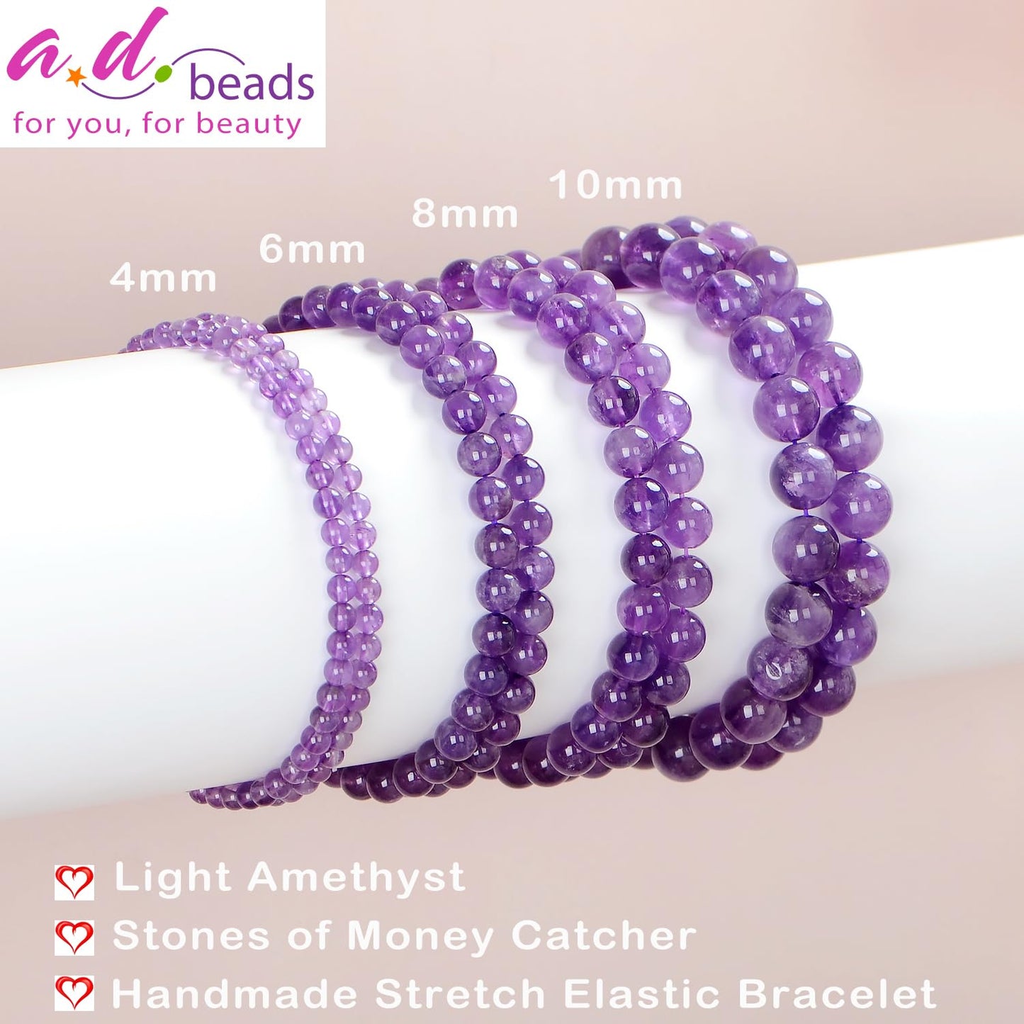 AD Beads Handmade Gemstone Stretch Elastic Bracelet Crystal Healing Reiki Nature's Beauty and Spiritual Essence Unisex (8mm, Purple Amethyst)