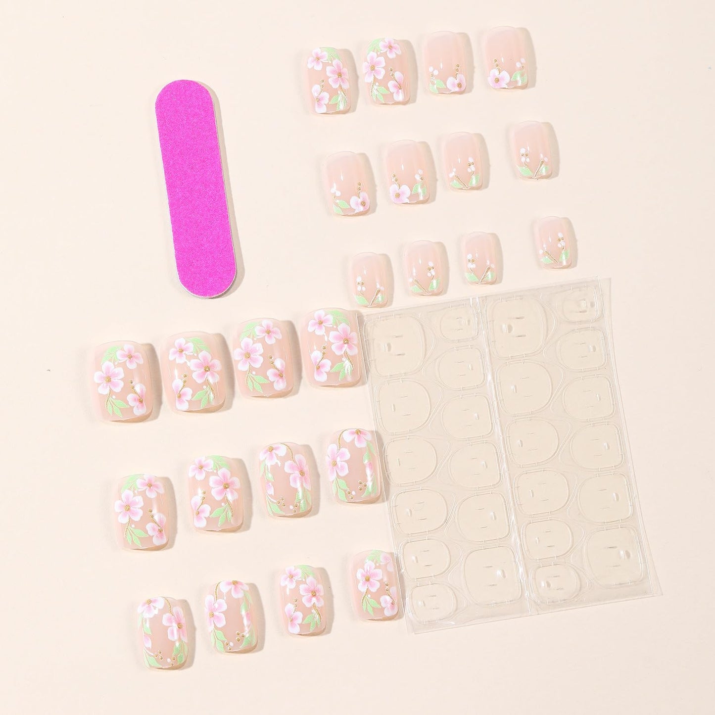 CTTHNBD Square Press on Nails Short - Flower Fake Nails with Gold Line Design - Spring, Glossy Full Cover Stick on False Nails for Women 24 Pcs