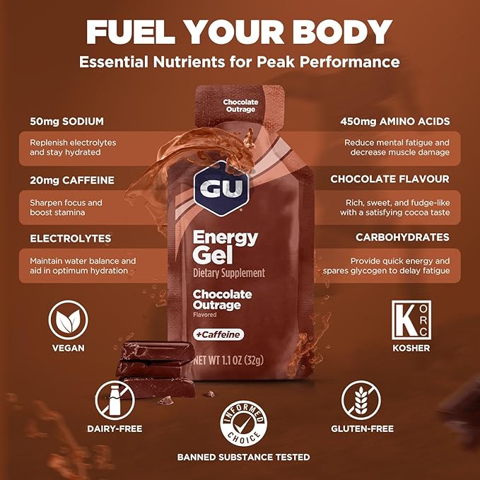 GU Energy Original Sports Nutrition Energy Gel, Vegan, Gluten-Free, Kosher, and Dairy-Free On-the-Go Energy for Any Workout, 24-Count, Chocolate Outrage