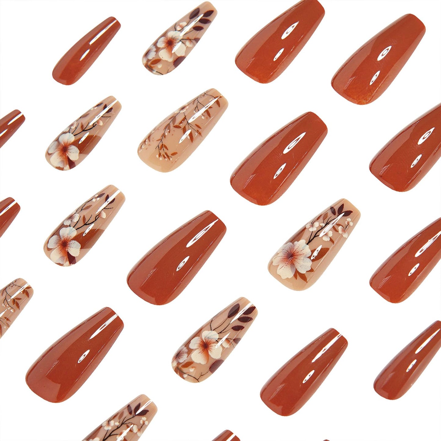 Fall Press on Nails Medium Coffin Fake Nails with Flower Leaves Designs Glossy Nails Press ons Brown Full Cover Glue on Nails Autumn Acrylic Artificial Stick on Nails for Women 24Pcs