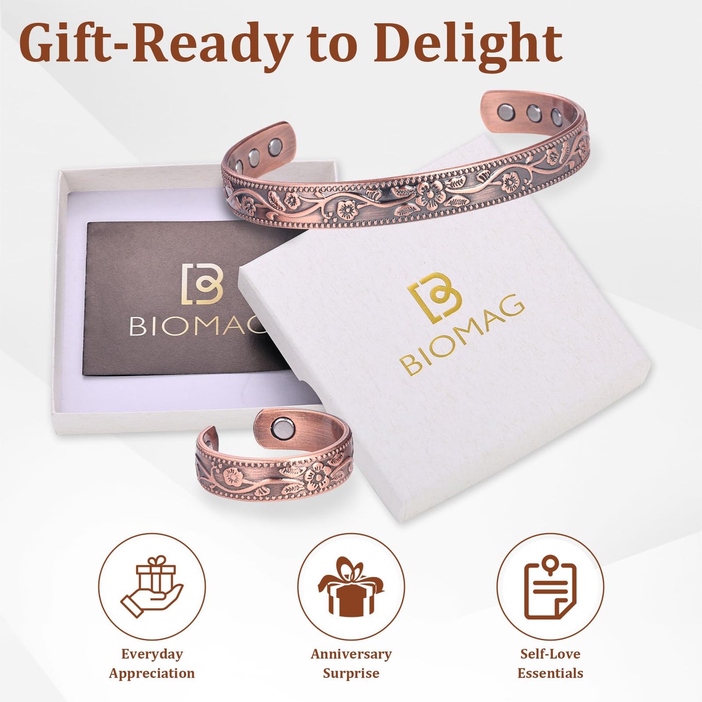 BioMag Copper Bracelet & Ring for Women, 99.99% Pure Copper Magnetic Bracelet Lymphatic Drainage Rings with 3500 Gauss Magnets, Adjustable & Flower Pattern