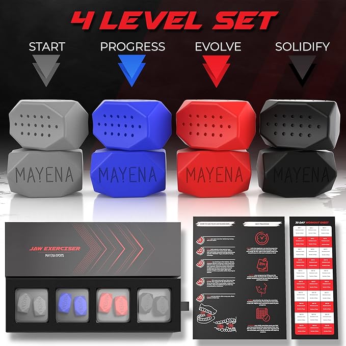 Mayena Jaw Exerciser for Men & Women | 4 Resistance Levels (8pcs) Silicone Jawline Exerciser Set | Powerful Jaw Trainer & Jawline Shaper for All Level Users | Slims, Tones & Defines the Face