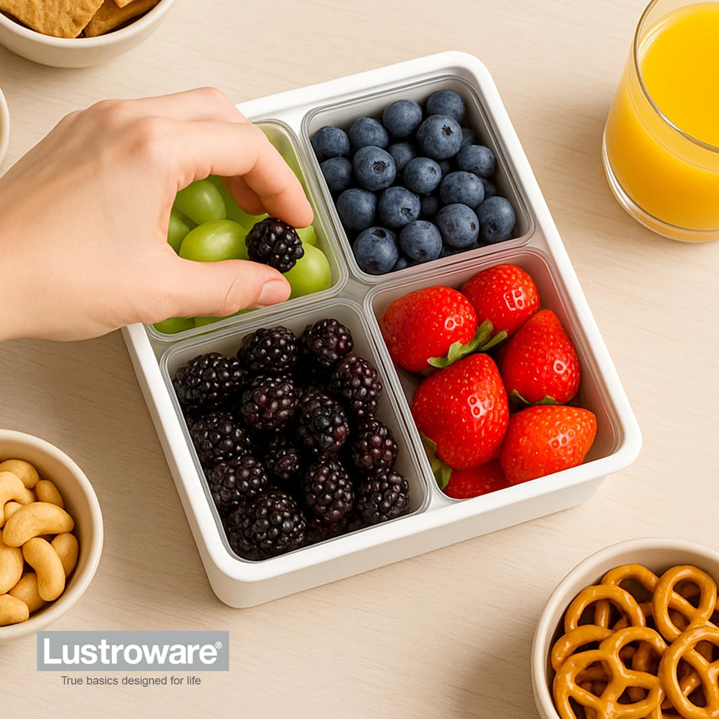 Lustroware Gourmet Palette Airtight 4-Compartment Square Serving Tray with Lid – Portable Snackle Platter & Charcuterie Organizer Box with Removable Dividers for Fruit, Vegetables, Snacks, Appetizers