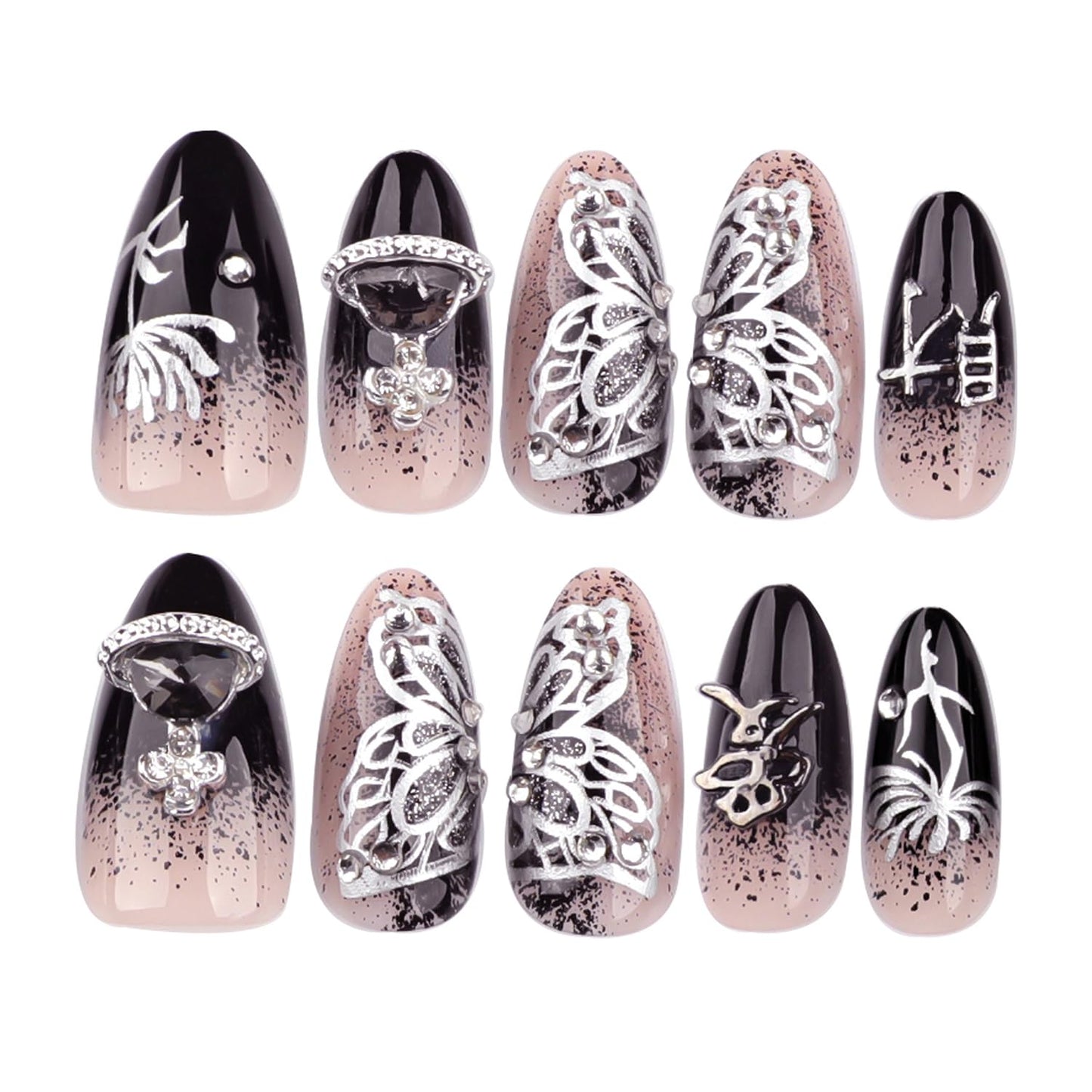 Butterfly Medium Black Gradient Almond Tip Full Cover Coffin Nails - Rhinestones Design, DIY Glue on Nails for Women