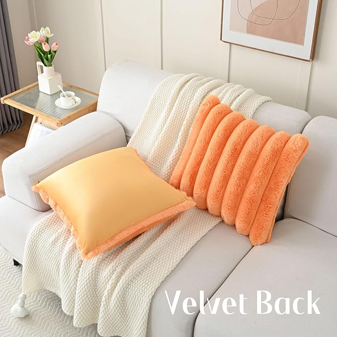 FUTEI Orange Decorative Throw Pillow Covers 22x22 Inch Set of 2, Square Soft Faux Rabbit Fur Thick Striped Cushion Cover,Winter Home Decor for Couch Bed Living Room