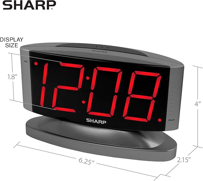 Sharp Outlet-Powered Alarm Clock with Swivel Base, Red LED, Gunmetal Grey | Large red LED digits; Adjustable swivel base; Brightness dimmer; Snooze alarm; Simple controls; Outlet powered