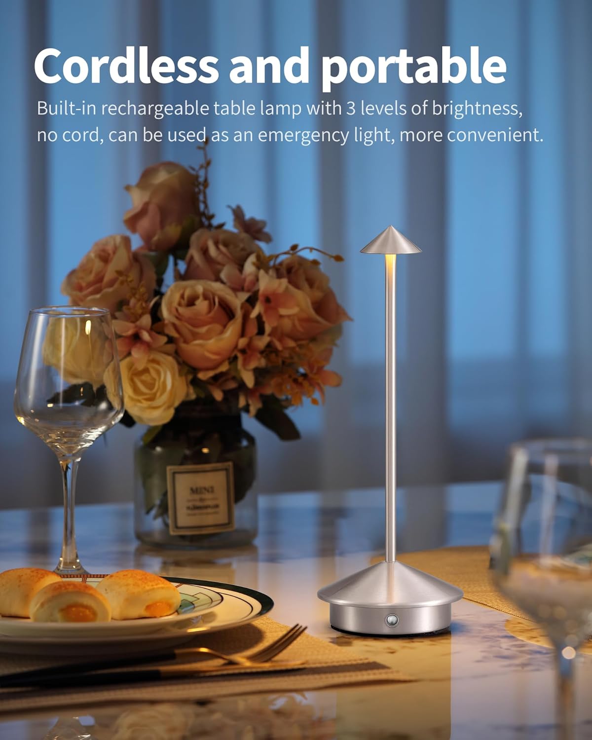Modern Cordless Table Lamp Set of 2, Portable LED Desk Lamps, 5000mAh Rechargeable Battery Operated Lighting for Bedroom Dining Room Restaurant Coffee Shop Camping Night Light (Brushed Nickel)