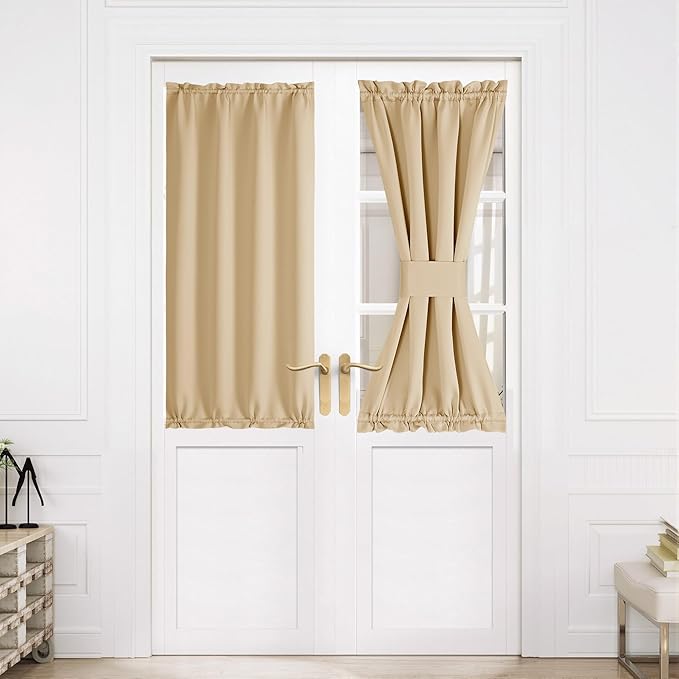 NICETOWN Blackout Door Curtain – Thermal Insulated Blackout Window Cover for French & Front Doors with Adjustable Tieback, Room Darkening Shade for Privacy, Biscotti Beige, W30 x L50, 1 Panel