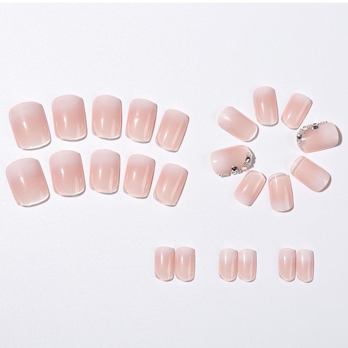 Gradient Press on Nails Short Square Fake Nails with Rhinestones Bead Ombre Designs Pink Nails Press ons White Glue on Nails Glossy False Nails Cute Stick on Nails for Women 24Pcs