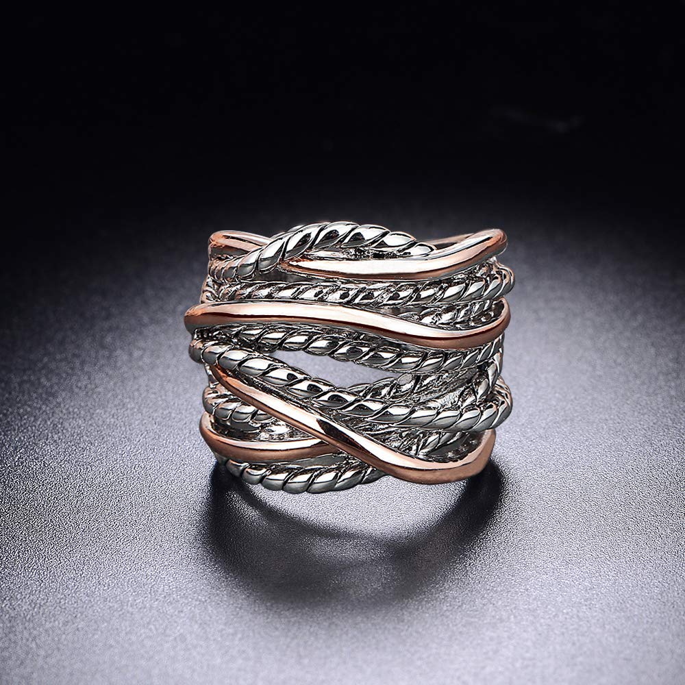 Mytys Gold and Silver Statement Rings for Women Wire Intertwined Design 14K Gold Plated Silver Band Ring Wide Index Finger Rings Costume Jewelry (Rose gold & Silver, 8)