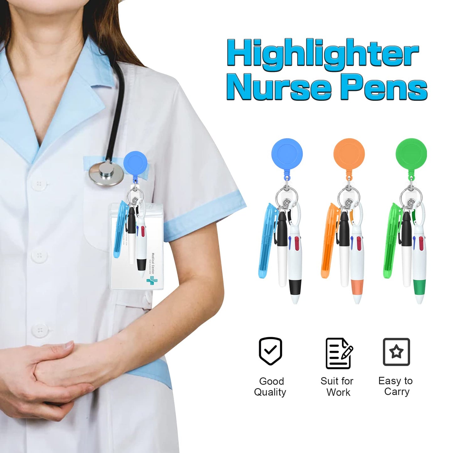 DLUGOPIS Nurse Pen Set - 6 Pieces Including Highlighter, Permanent Marker and Retractable Ball Pen, 24 Reels and 6 Badge Clips