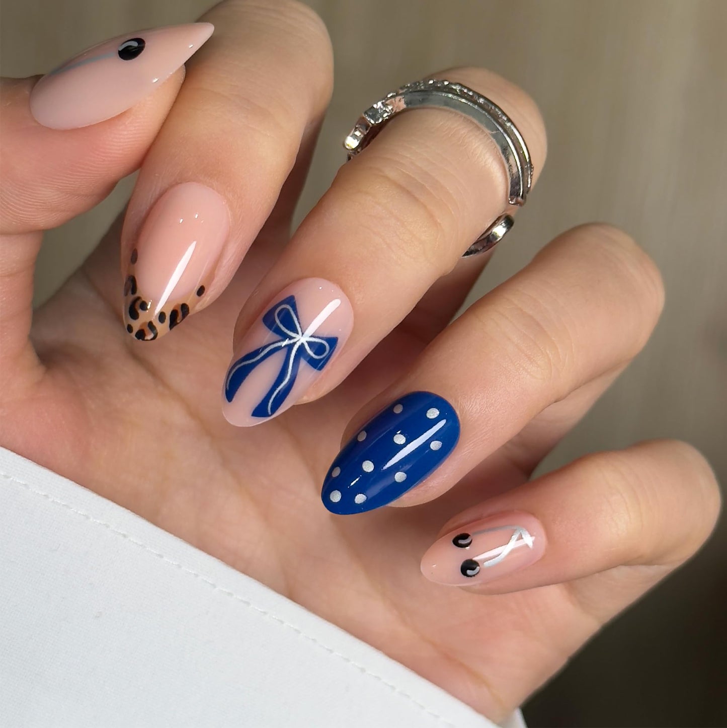 CurvLife Press On Nails Medium Almond Nude Blue Bow, Glossy Soft Gel Fake Nails with Polka Dots Leopard Tip, Reusable Salon Look Manicure for Women Teens Beginners, 30pcs, Daily Wear Work Party