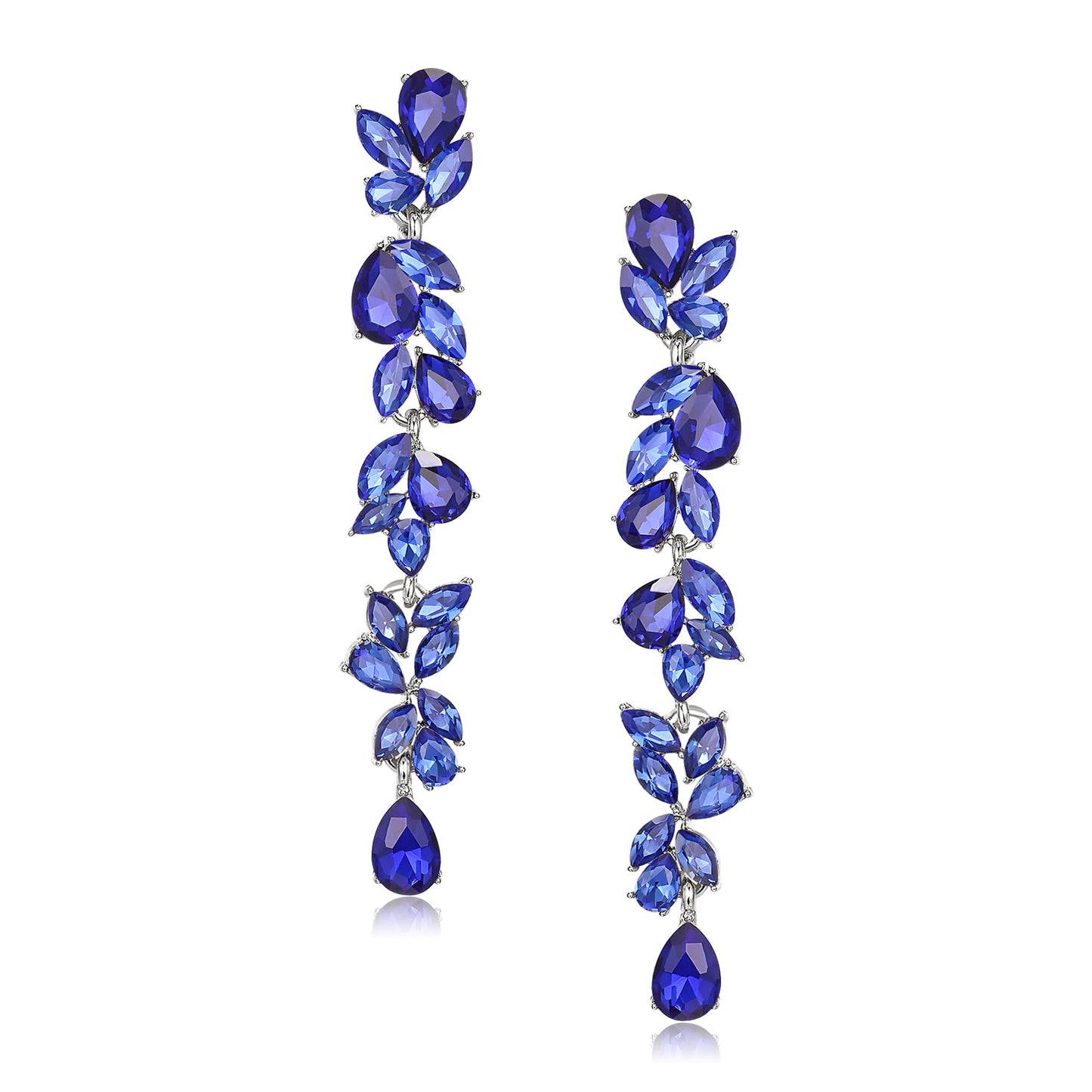 EVER FAITH Banquet Rhinestone Crystal Chandelier Dangle Earring for Women Brides, Marquise Teardrop Bridal Long Drop Earrings for Prom Royal Blue Silver-Plated-Base