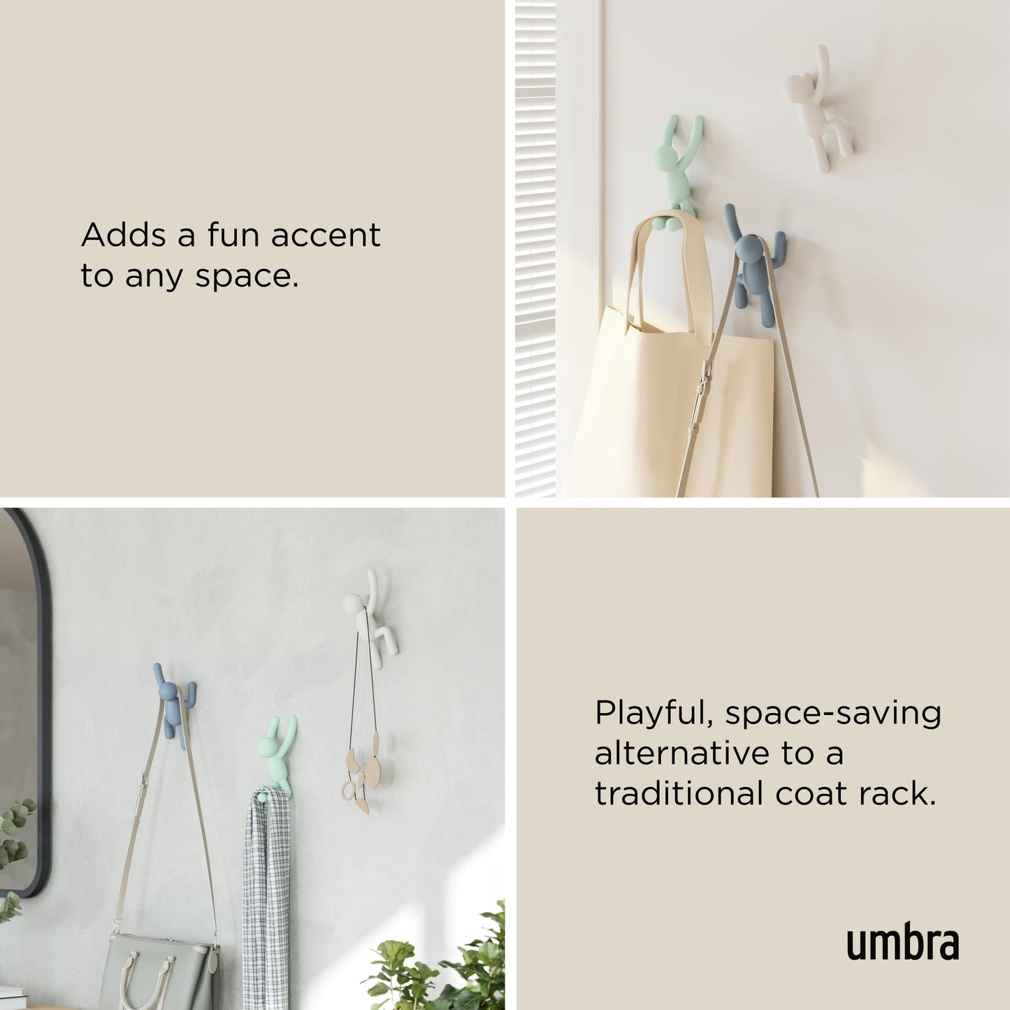Umbra Buddy Wall Hooks – Decorative Wall Mounted Coat Hooks for Hanging Coats, Scarves, Bags, Purses, Backpacks, Towels and More, Set of 3, White/Grey/Mint