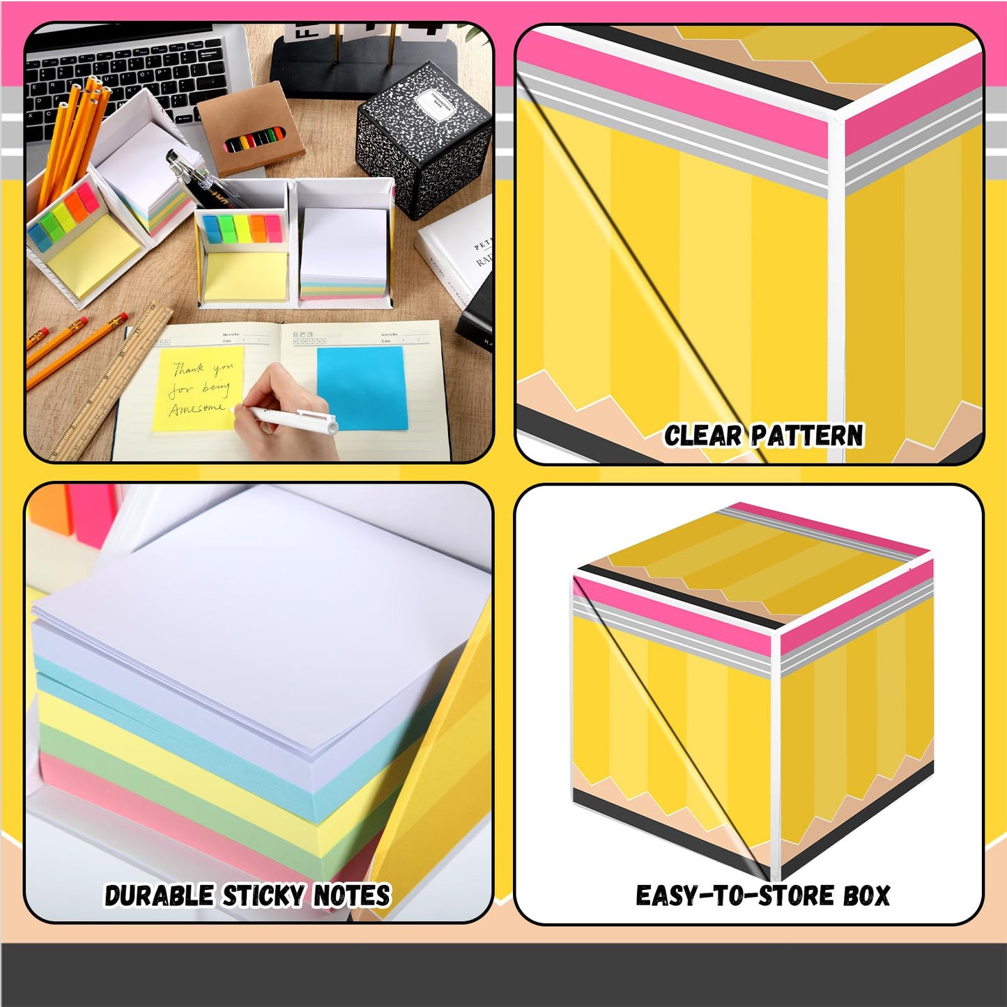 Eaasty 3 Set Teacher Appreciation Gifts Sticky Notes Organizer with Pen Holder 3-in-1 Memo Pad Set Portable Desk Organizer with Pencil Notebook Composition Book Pattern for End of Year Office