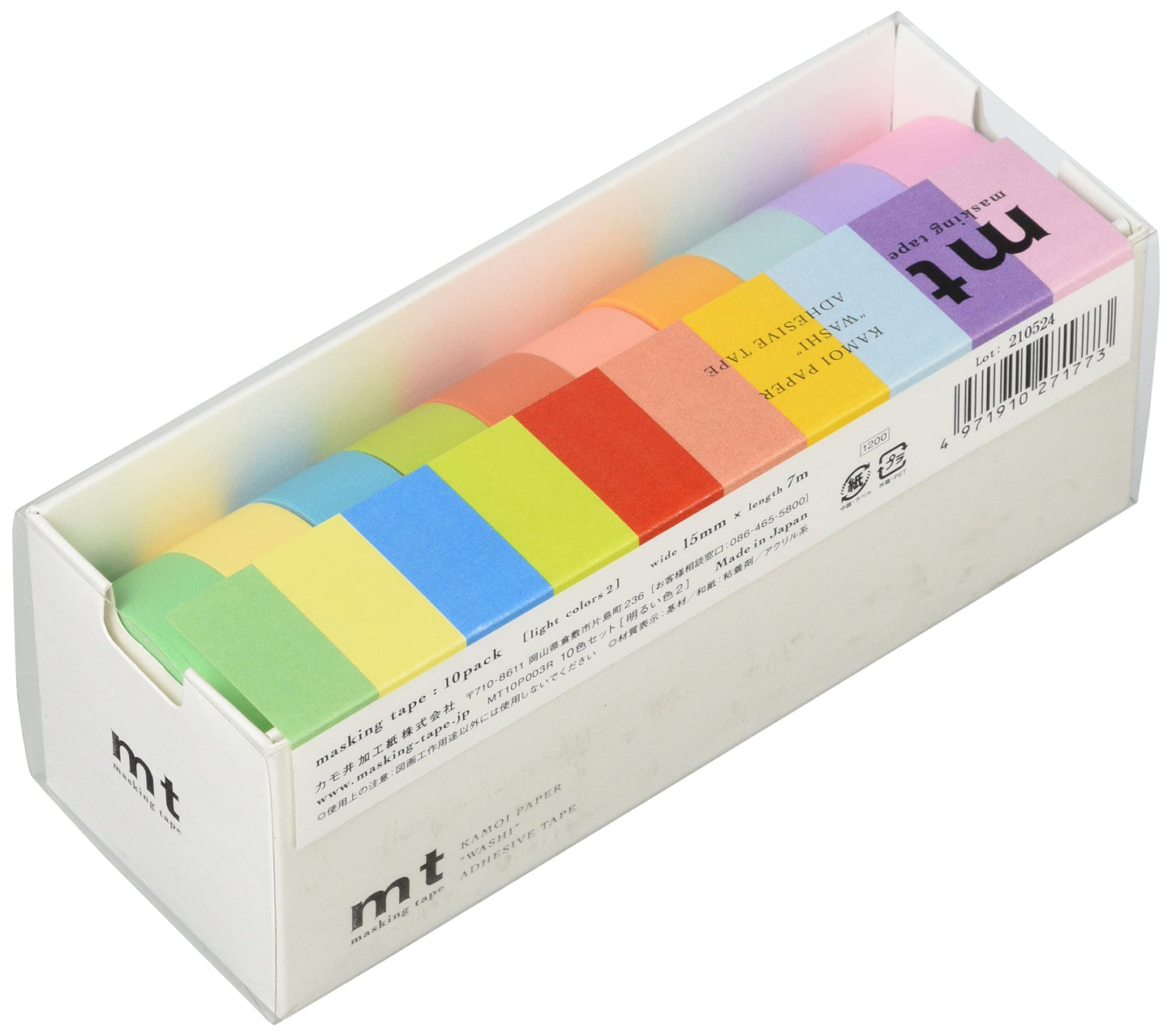 Kamoi Processing Paper Masking Tape mt MT10P003R Set of 10 Colors, 0.6 inches (15 mm) x 23.4 ft (7 m), Bright Color 2