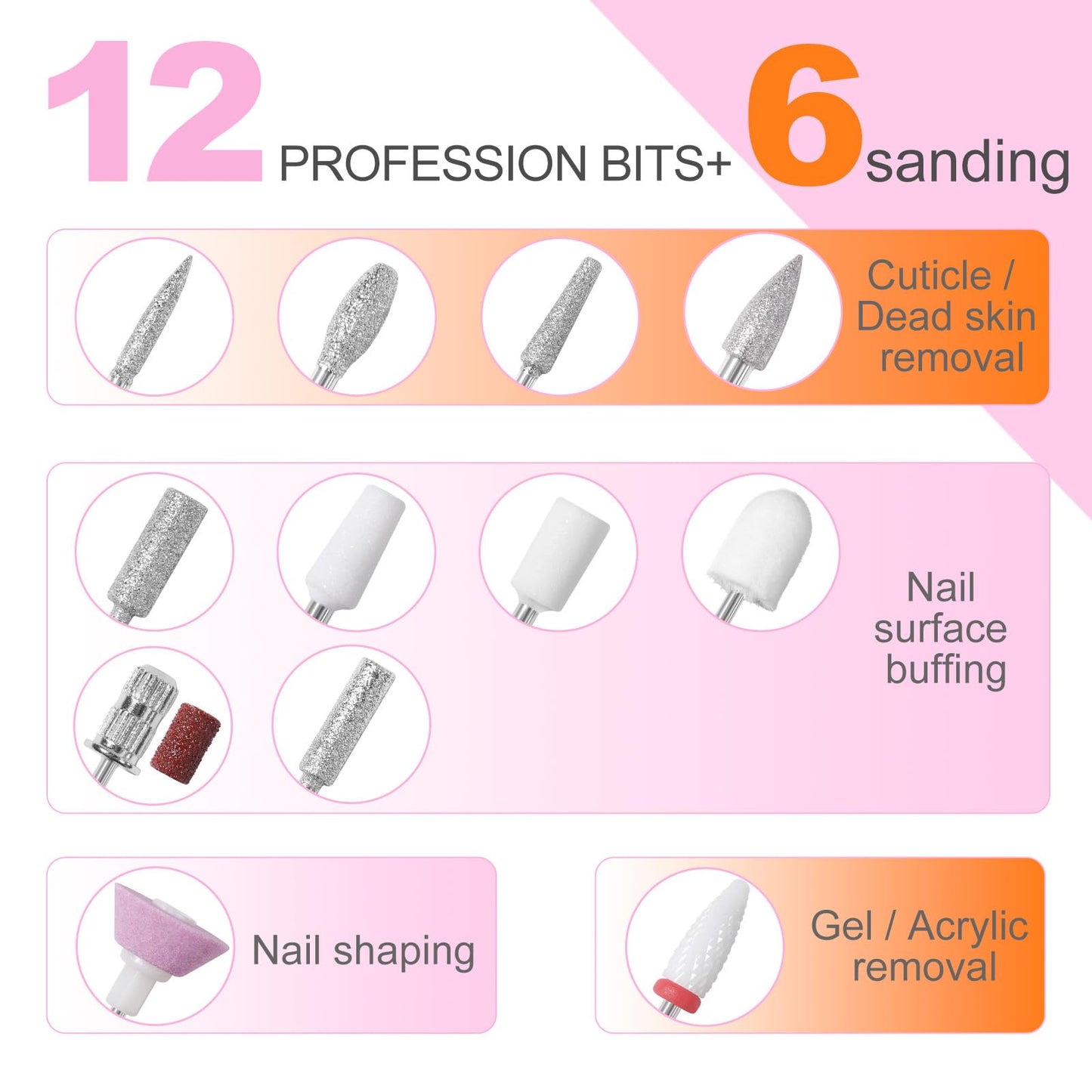 MEKK Nail Drill Kit,35000RPM Electric Nail Drill Professional Electric Nail File with 12PCS Bits,Anti-Shaking Cordless E Filer for Nails with LCD Display,Home & Salon (Orange-Pink)