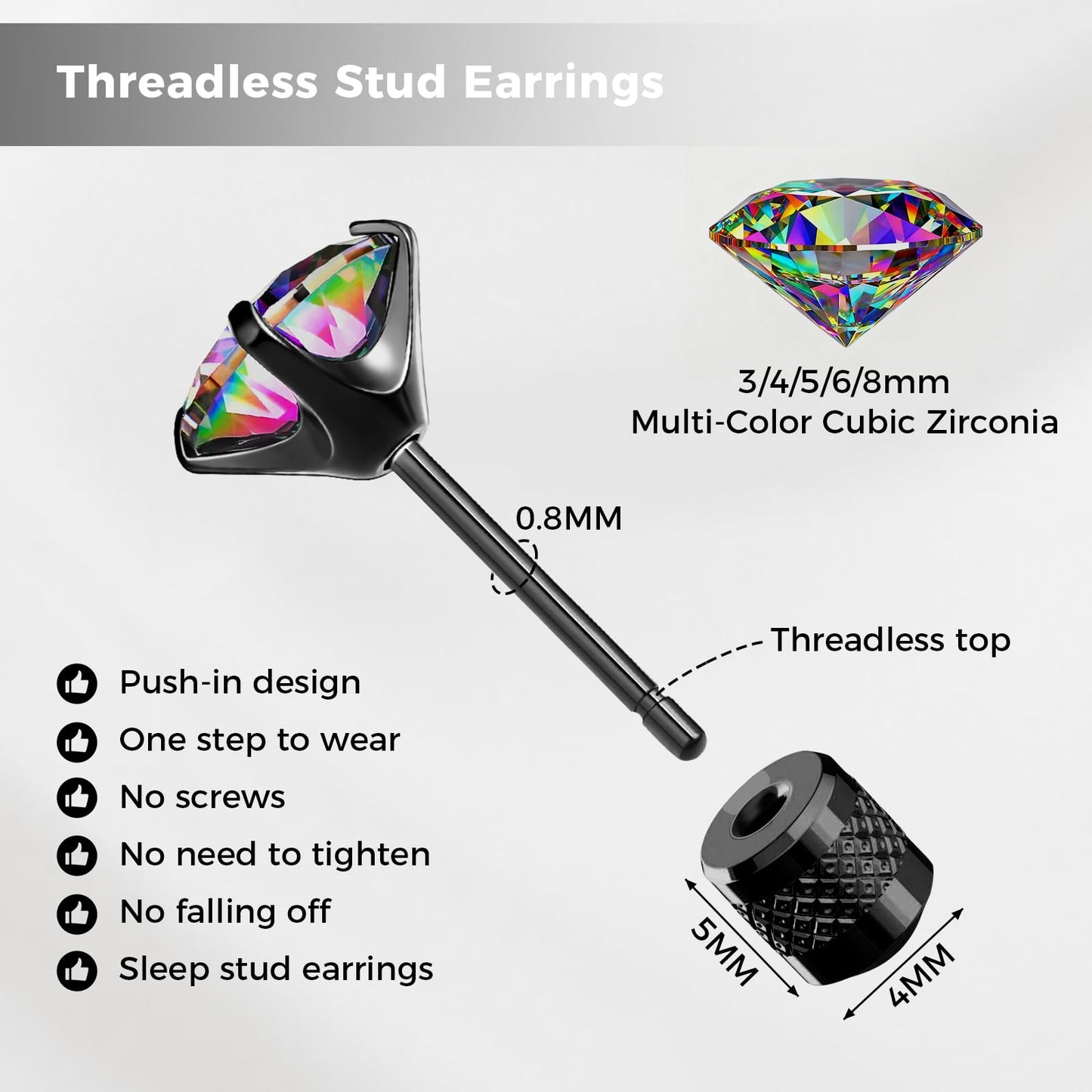 Hypoallergenic Threadless Flat Back Earrings,1 Pairs Cartilage Stud for Women Men Titanium Post 20G None Screw Easy Push in Gold Black Stainless Steel Flatback with CZ 3-7mm (Black+Rainbow CZ, 6mm)