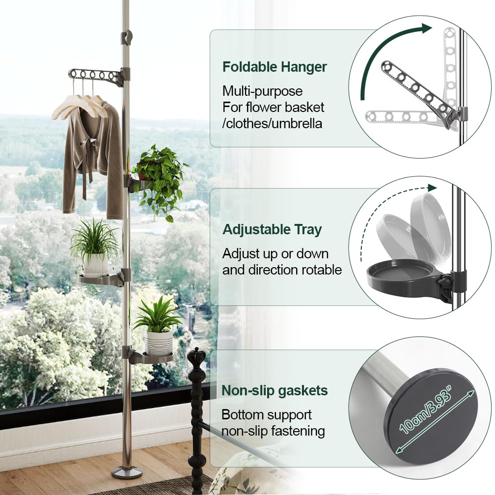Hershii Indoor Plant Stand Pole Tension Rod Corner Standing Shelf Adjustable Flower Pots Holder Display Rack with 1 Hook & 3 Trays - Grey