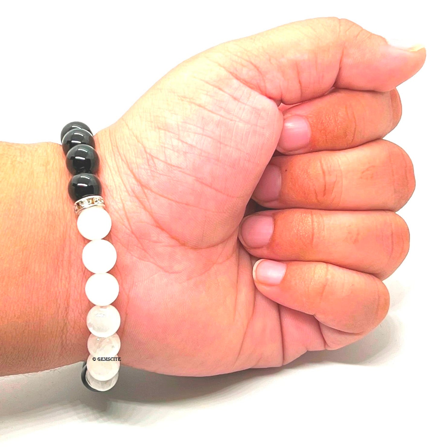 GEMSCITE Natural Black Obsidian and Selenite Crystal Bracelet for Chakra Healing & Energy Balancing