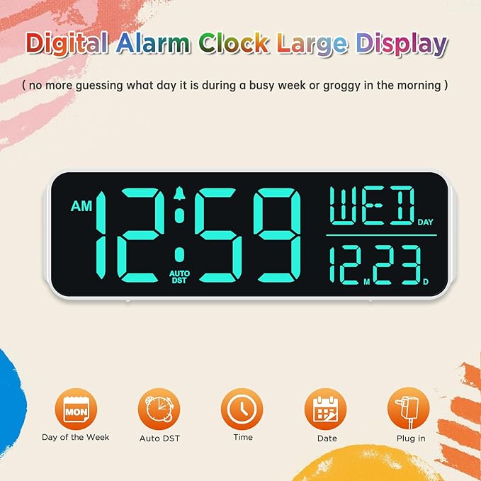 Peakeep Large Display Digital Alarm Clock for Bedroom with Date Day of Week
