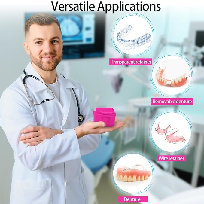Denture Cup Retainer Cleaning Case False Teeth Soaking Container with 2 Brushes, Dental Retainer Cup Holder Case Denture Soaking Storage Box Case - White & Rose Red