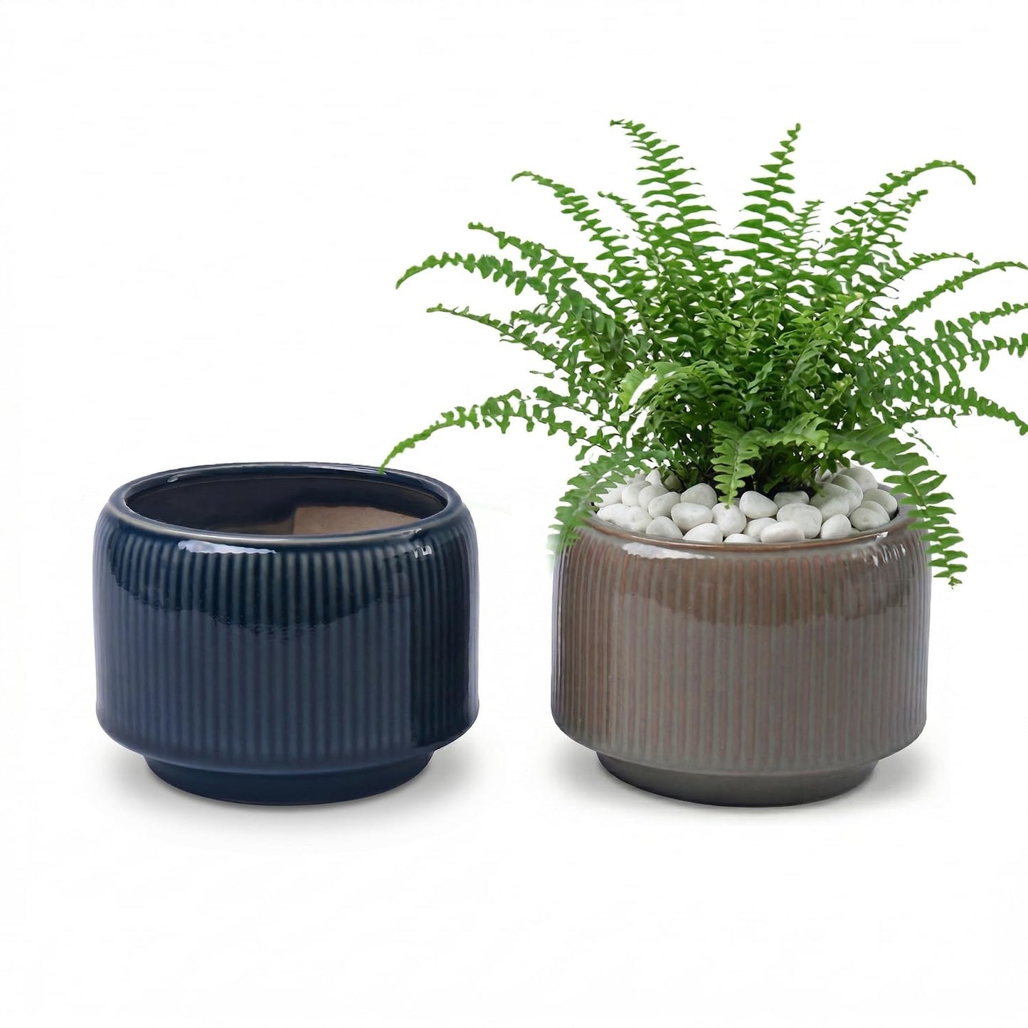 Sin wings 6 Inch Ribbed Ceramic Planter Set, Shallow Round Flower Pot with Drainage Hole, Modern Glazed Indoor Plant Pot for Fern Succulent Small Houseplant Desktop Windowsill Home Decor, 2 Pack