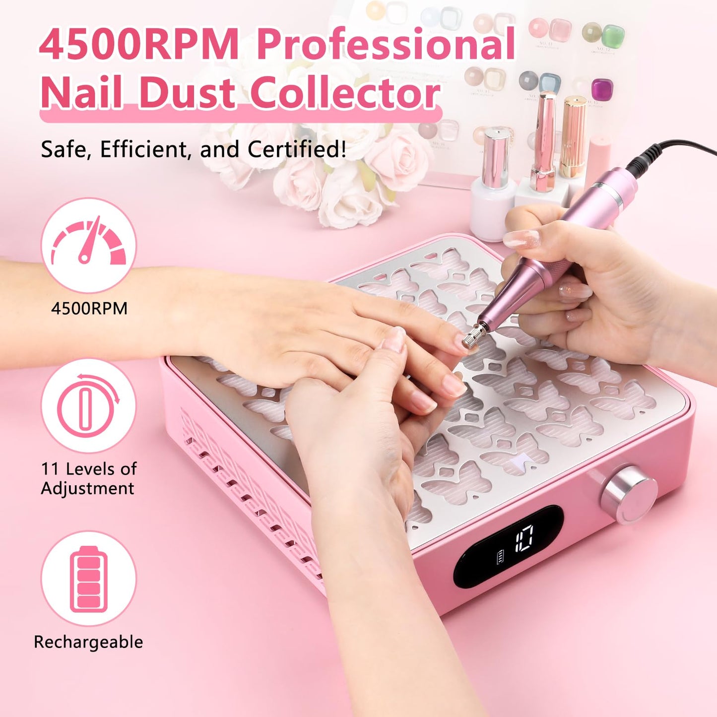 heemeei Nail Dust Collector, Powerful Dust Collector Nail Tech with 11-Gear, Professional Cordless Vacuum Nail Fan Dust Collector for Nail Tech, Nail Salon & Home (Pink)