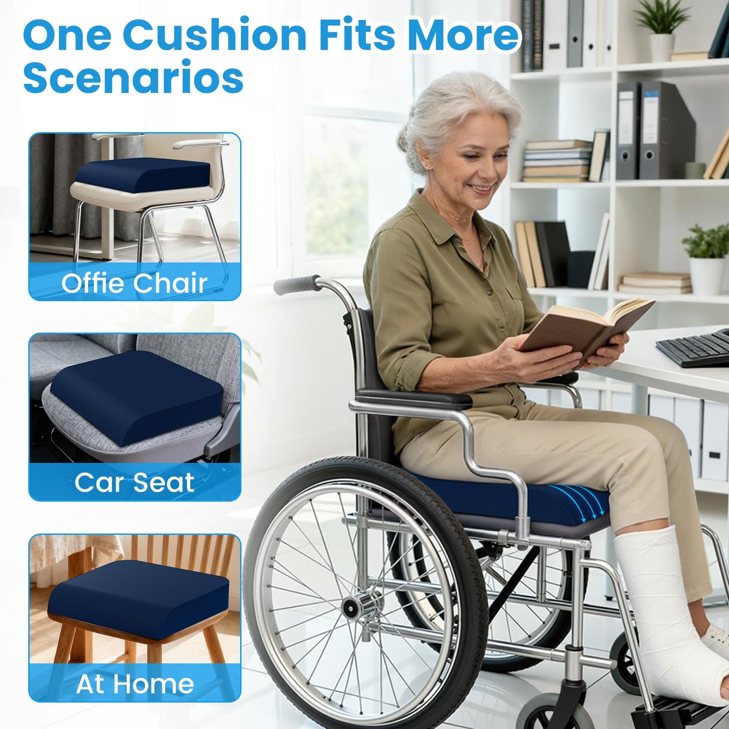 ComfyInLove Wheelchair Seat Cushion - Cooling Gel & Memory Foam Office Chair Cushion with Non-Slip Bottom & Washable Cover, Ergonomic Car Seat Pillow for Sciatica, Tailbone, Back Comfort (Navy Blue)