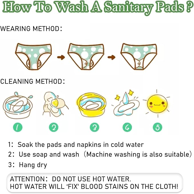 PHOGARY Reusable Menstrual Pad, 7 Packs Washable Overnight Cloth Panty Liners with 1 Wet Bag, Sanitary Pads Wings for Heavy Flow