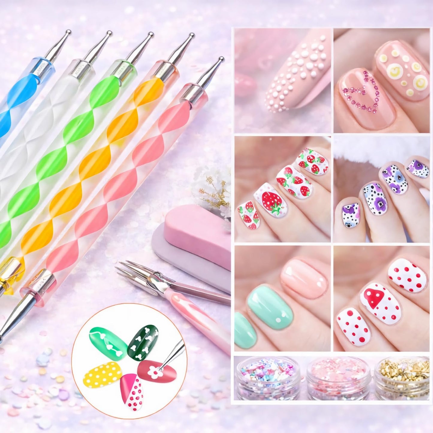 Nail Art Tools Set, 15 Pcs Nail Art Brushes, 5 Double Ended Dotting Pens, Mixing Palette, Nail Brush Holder, 10 Nail Stands & Tape for Press on Holder, Suit for Nail Tech & Beginners