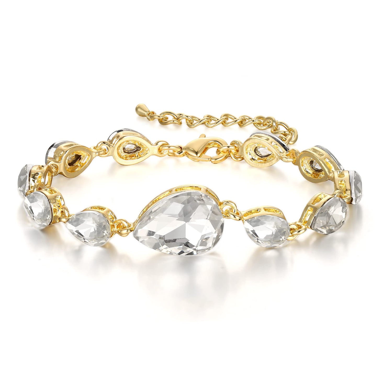 BriLove Wedding Bridal Bracelet for Women Shiny Bling Crystal Multi Teardrop for Party Prom Clear Gold-Plated-Base