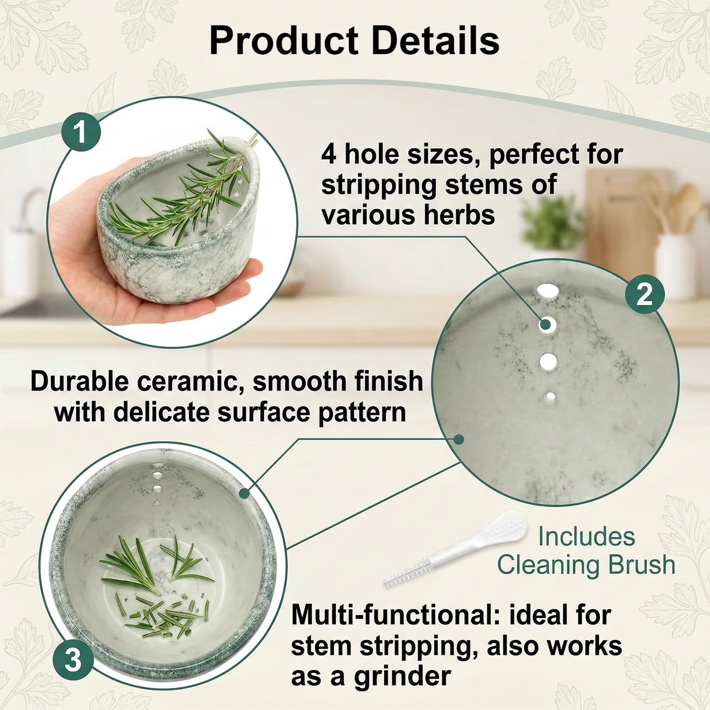 DADERXY Pottery Herb Stripper Bowl Ceramic Set for Kale, Thyme, Basil, Rosemary Stripper