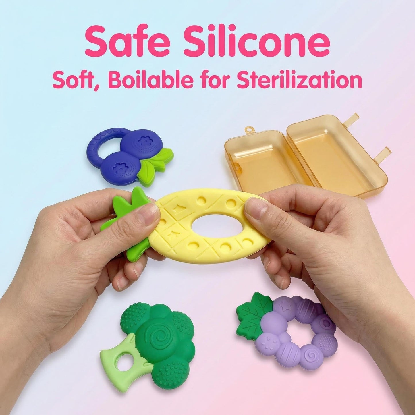 4 Pcs Silicone Baby Teether Set, Fruit Textured Baby Teething Toys, Infant Teething Newborn Teether for Infants, Freezer Safe Frozen Teething Toys, Essential Baby Gear