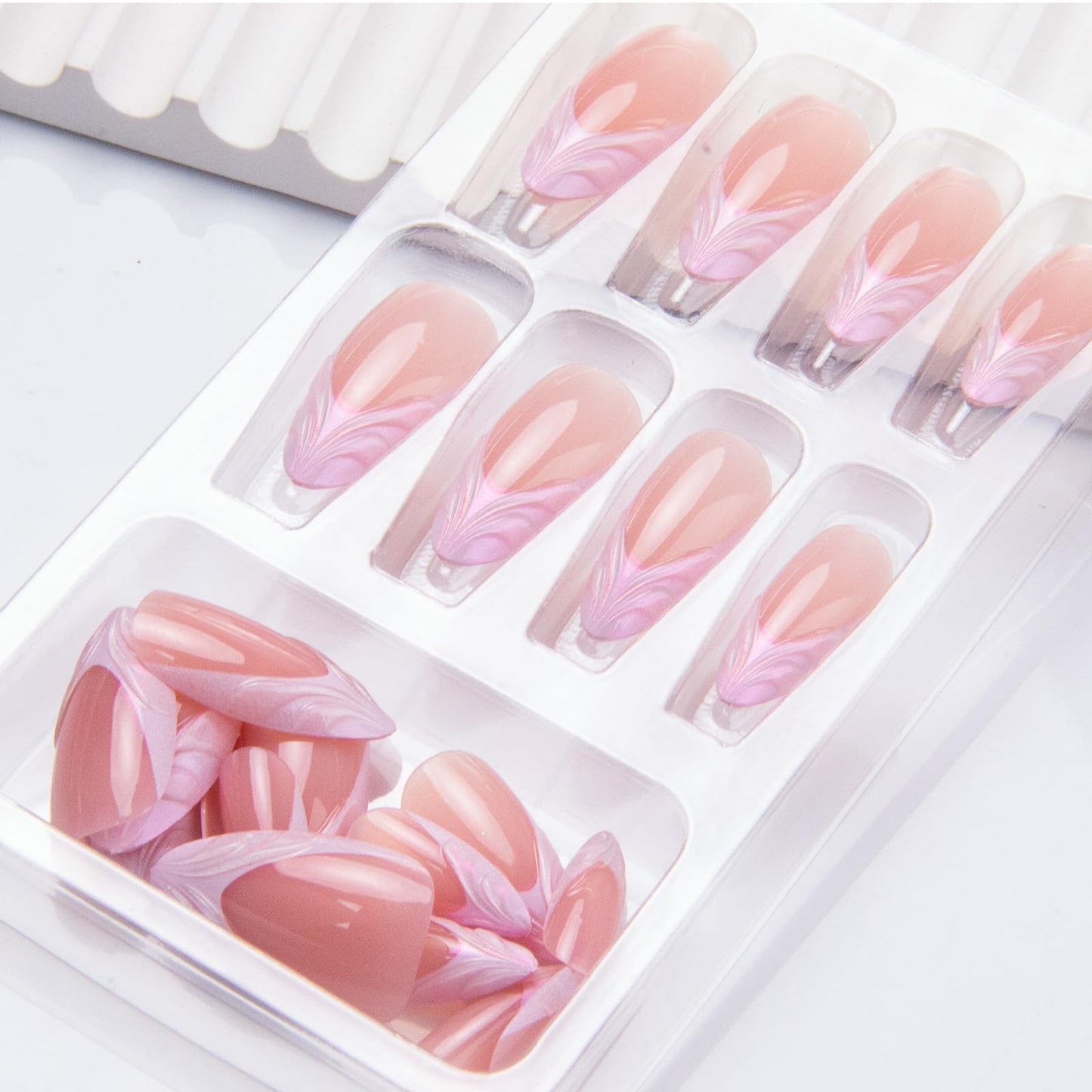 Pink French Tip Press on Nails Medium Almond Fake Nails Glossy Chrome False Nails Press ons 3D Acrylic Nails Shiny Cute Glue on Nails for Women Nail Decoration 24Pcs