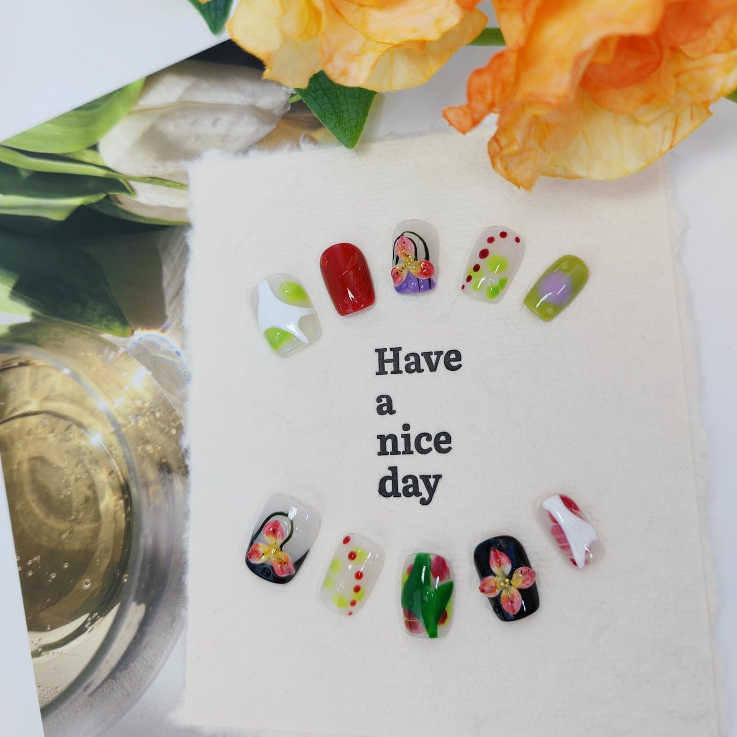 Short Square Press on Nails 3D Flower False Nails with Designs, Glitter Fake Nails Handmade Reusable Manicure Kit (Multicolor#Small)