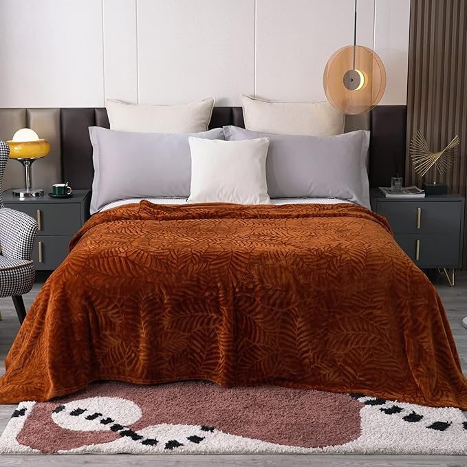 SOCHOW Super Soft Flannel Fleece Fall Throw Blanket, Lightweight Cozy Warm Leaves Textured Plush Blanket for Bed Couch Sofa, 50 x 60 Inches, Caramel