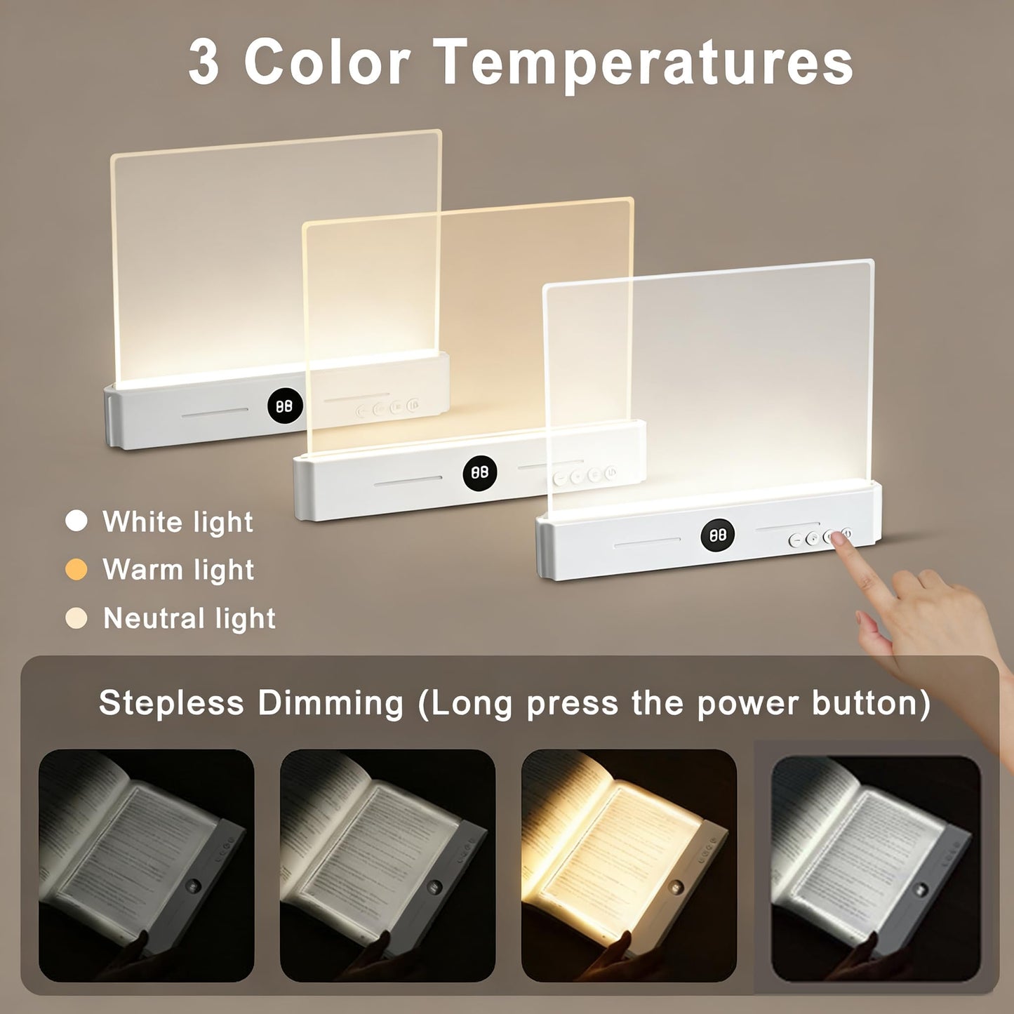 ECHBX Smart Flat Book Light, Rechargeable Clear LED Reading Light with 3 Colors & Timer, Dimmable Full Page Panel Plate Lamp, Kids Eye Protection for Night Reading in Bed