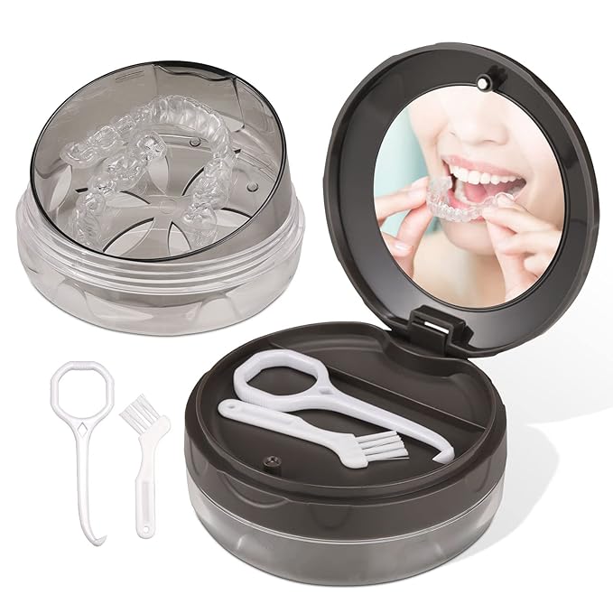 Denture Case, Leak Proof Denture Bath Case Cup Kit for Travel Cleaning, Denture Holder Box Bath Soaking Container for Women & Men with Mirror, Strainer, Removal Tool and Denture Brush(Grey)