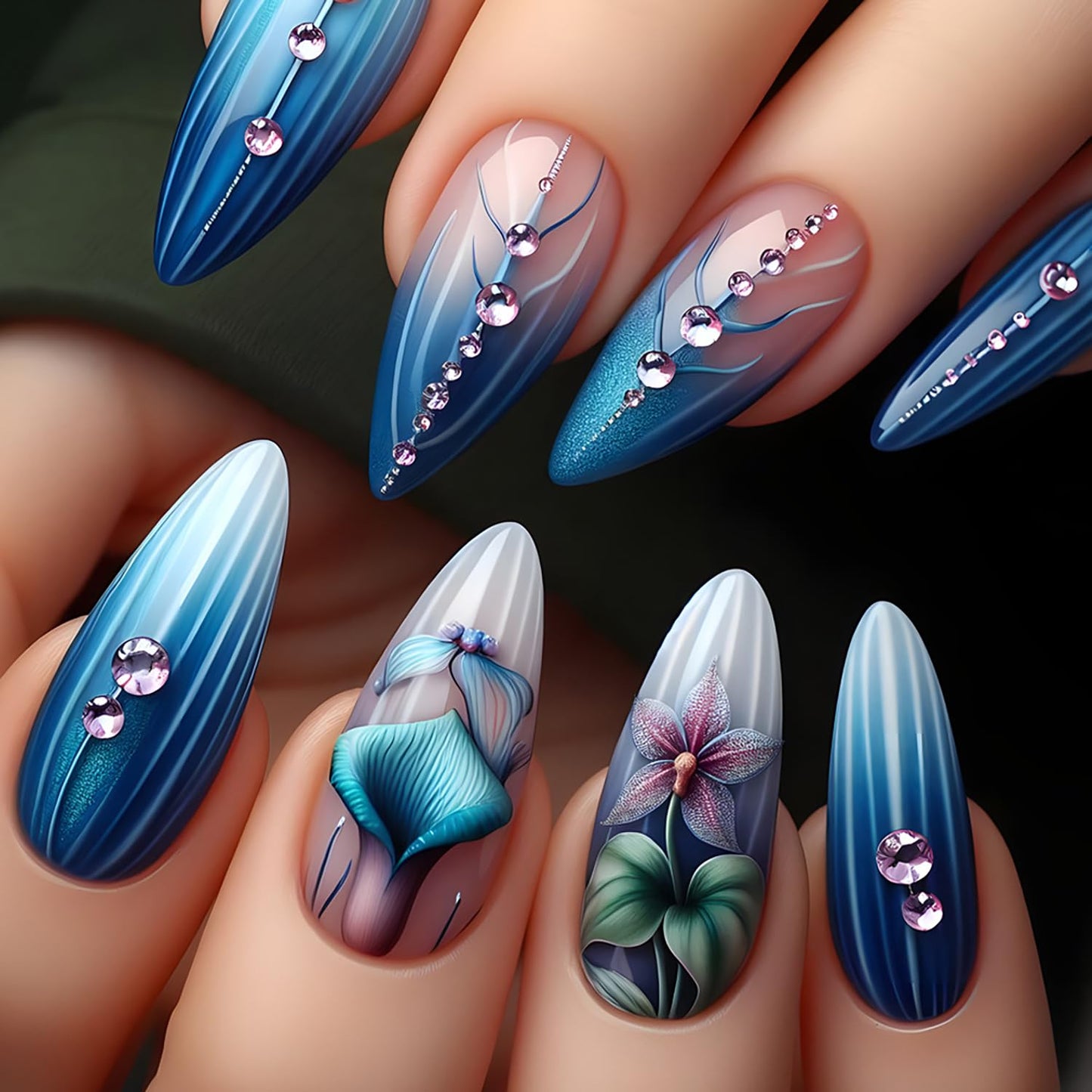 Blue Press on Nails Medium Almond Shaped Flower Pattern Design Gradient False Nail Glitter Rhinestones Artificial Acrylic Stick on Nails Press Ons with Design Stripes Manicure Glue on Nails for Women