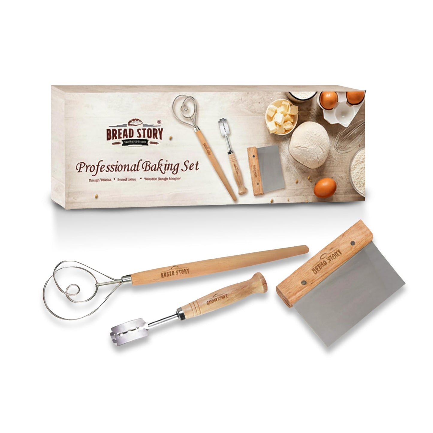 Danish Dough Whisk Set – Wooden Scraper & Lame Scoring Tool | Sourdough Whisk & Mixing Tool Kit | Bread Utensils for Homemade Bread, Pizza, Pastry | Stainless Steel & Wood