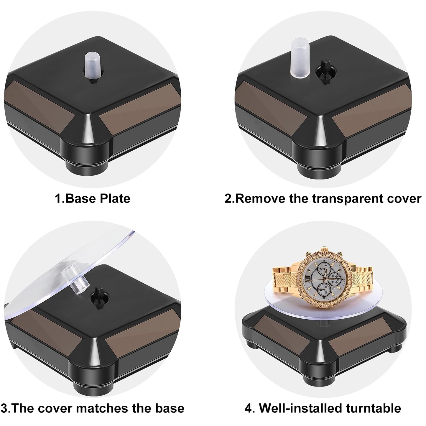 Xuhal 8 Pcs Solar Rotating Stand Turntable Battery Powered Double Use Solar Display Stand Jewelry Spinner 360 Degrees Solar Showcase Base Watch Hobby Collection Shelf for Table (Black)