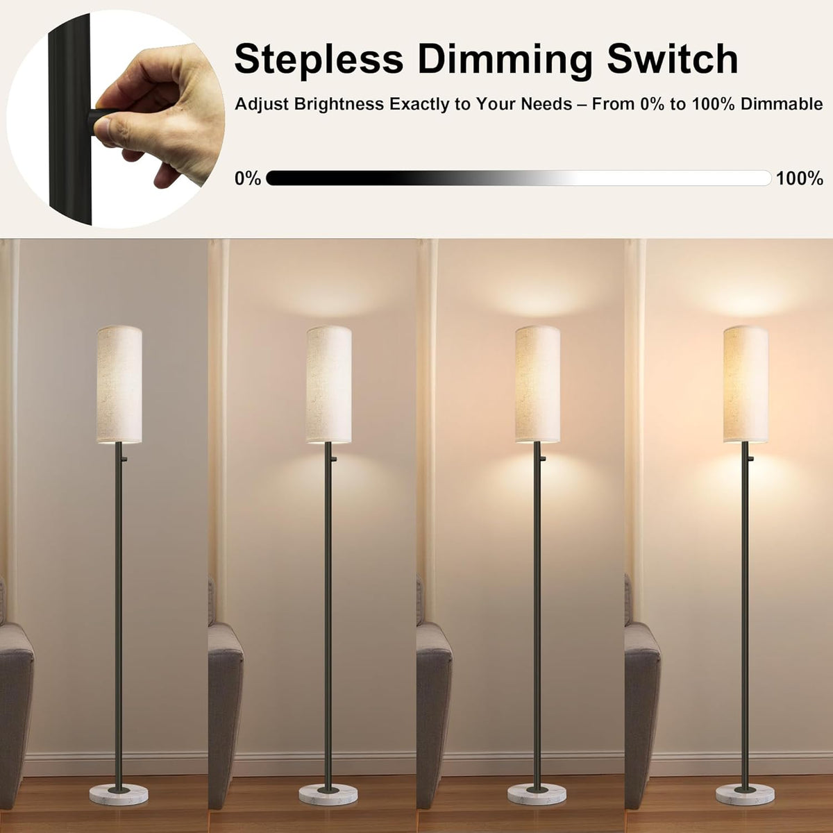 Floor Lamp for Living Room,Dimmable Floor Lamp with LED Bulb,Modern Standing Lamp with Marble Base,Tall Standing Lamps for Living Room,Bedroom,Office,Reading and Nursery(Black)