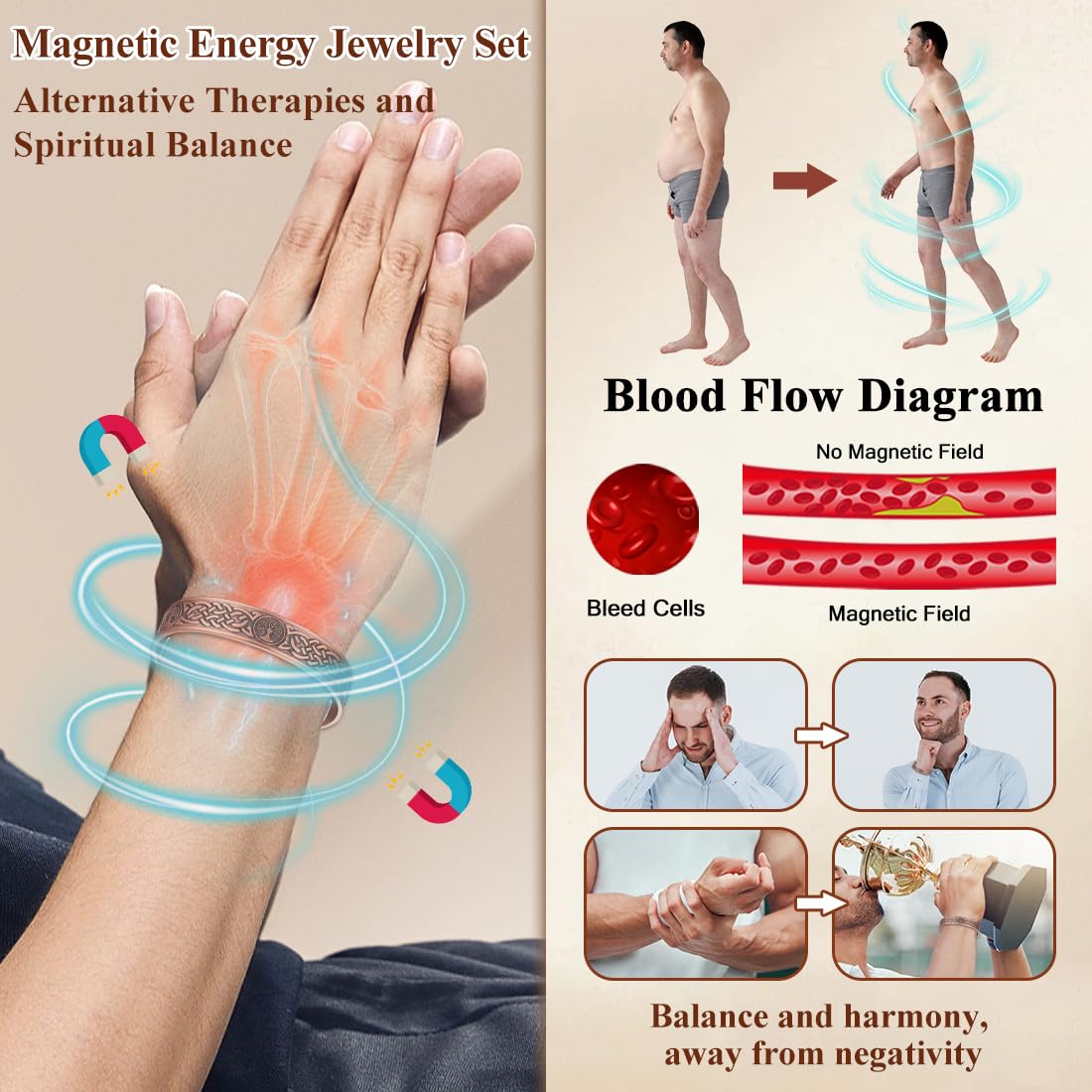 Cigmag Copper Magnetic Bracelet for Men, with Powerful 9X 5000 Gauss Magnets, Adjustable Solid Pure Copper (Lotus Life Tree)